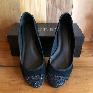J.Crew black suede crystal encrusted flats, size 7